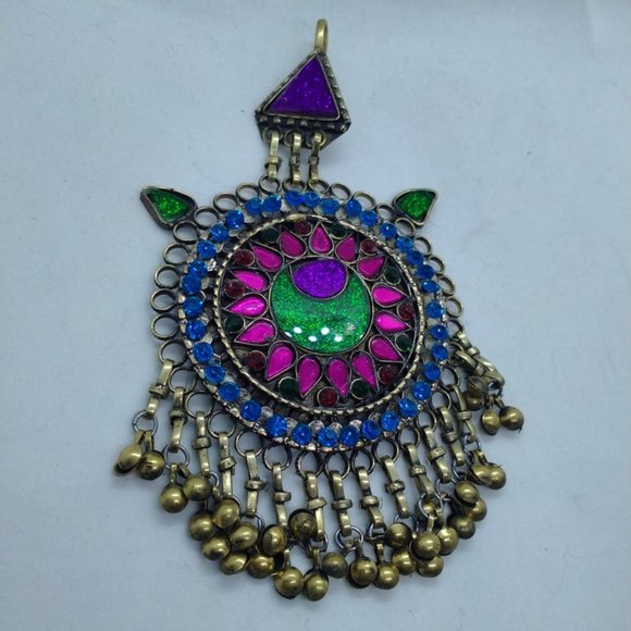 Afghan Vintage Multicolor Glass Stones Teeka, Massive Teeka With Dangling Bells, main image 4